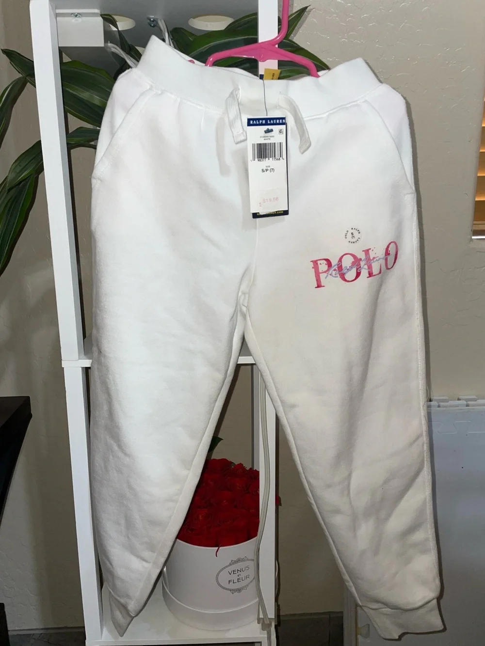 Ralph Lauren White Sweatpants with Pink POLO Accent